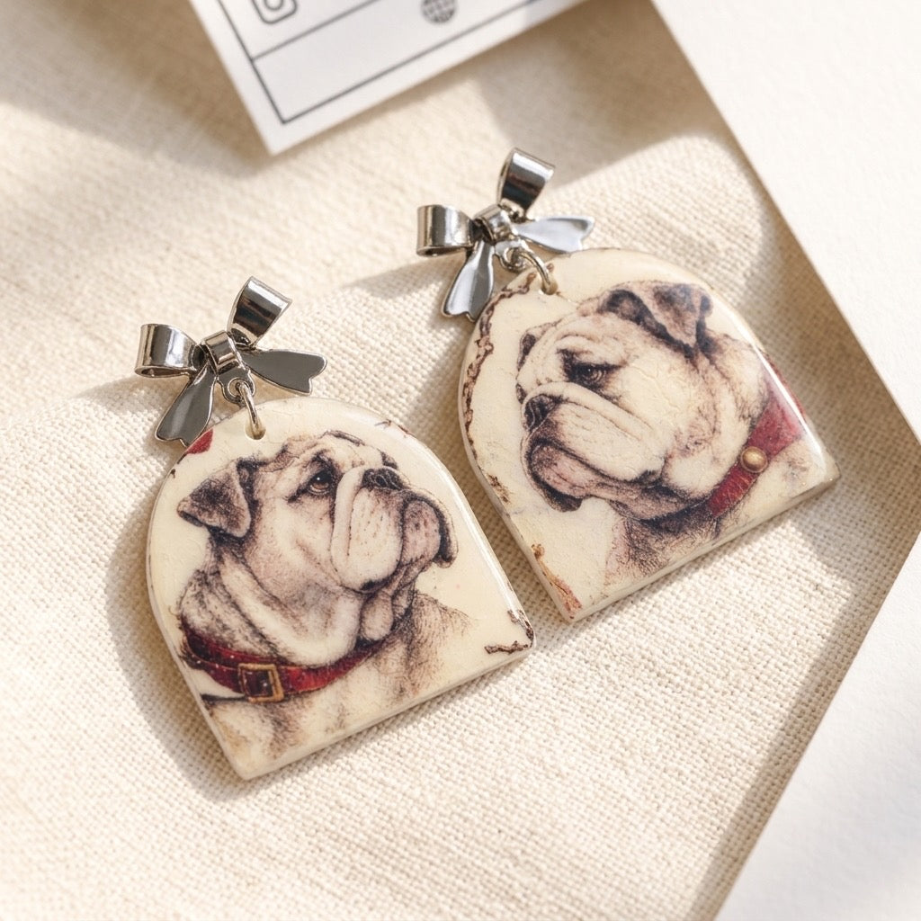 Vintage Bulldog Portrait Dangle Earrings with Silver Bows