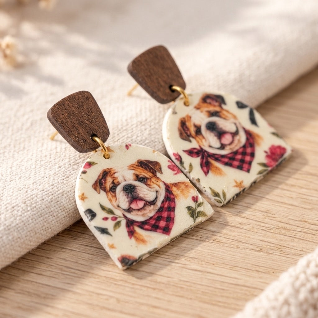 Floral Plaid Bulldog Portrait Dangle Earrings