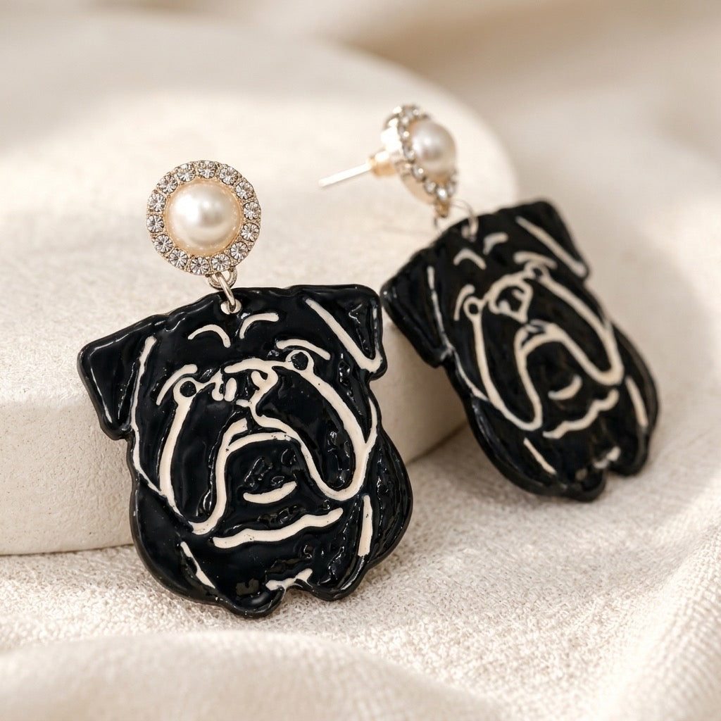 Black Bulldog Dangle Earrings – Pearl Rhinestone Stud – Statement Earrings
