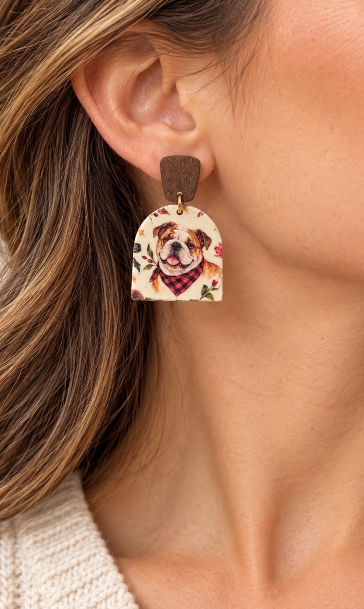 Floral Plaid Bulldog Portrait Dangle Earrings