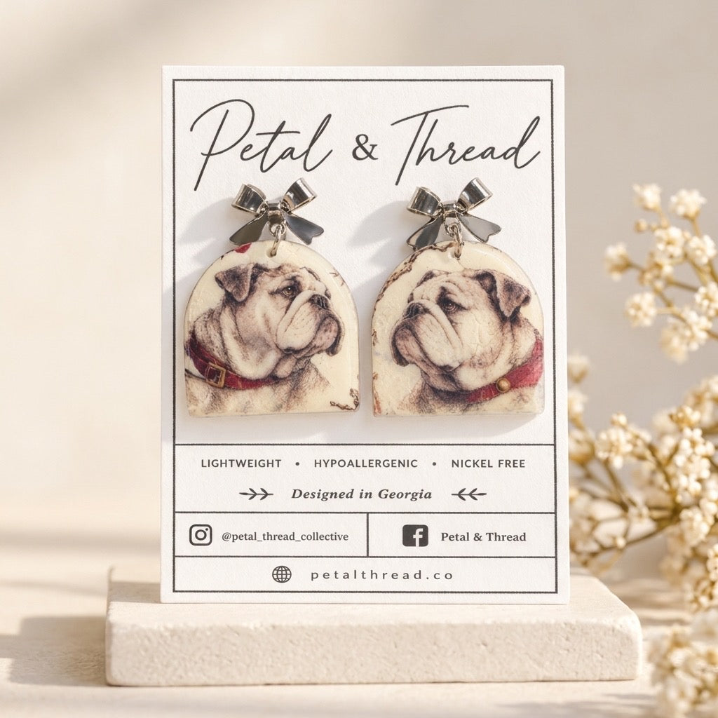 Vintage Bulldog Portrait Dangle Earrings with Silver Bows