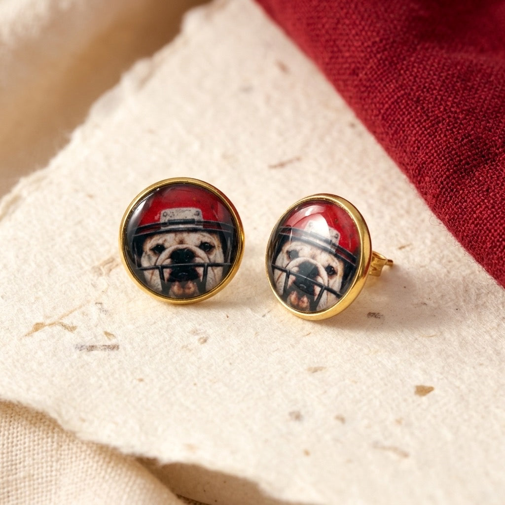 Georgia Bulldogs Red Helmet Mascot 12mm Gold Stud Earrings