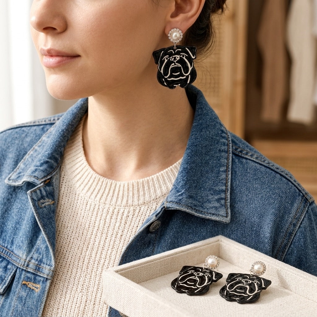 Black Bulldog Dangle Earrings – Pearl Rhinestone Stud – Statement Earrings