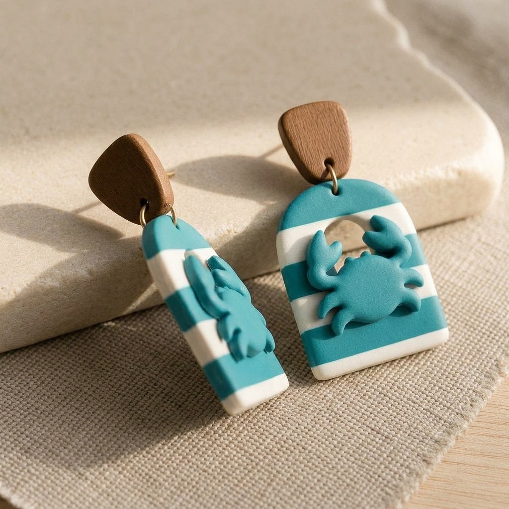 Seafoam Crab Coastal Dangles – Handmade Matte Polymer Clay Earrings