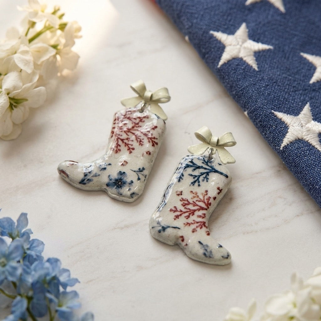 Patriotic Floral Cowboy Boot Dangle Earrings