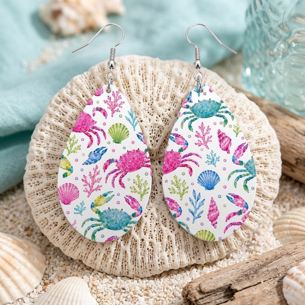 Pastel Coastal Crab Earrings – Handmade Beach-Inspired Teardrop Dangles