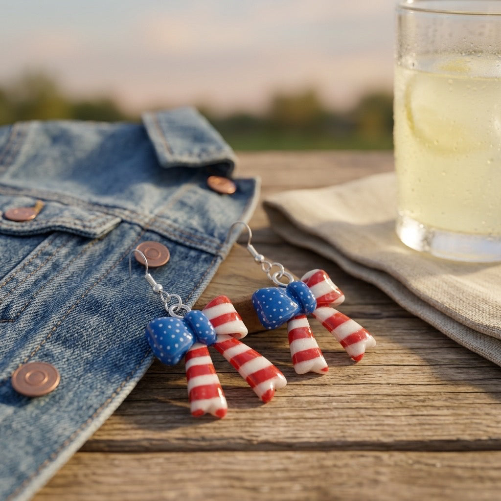 Patriotic Bow Dangle Earrings | Red White & Blue Fourth of July Earrings