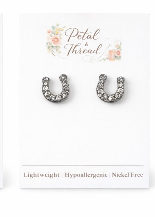 Black Horseshoe Stud Earrings | Crystal Western Lucky Studs
