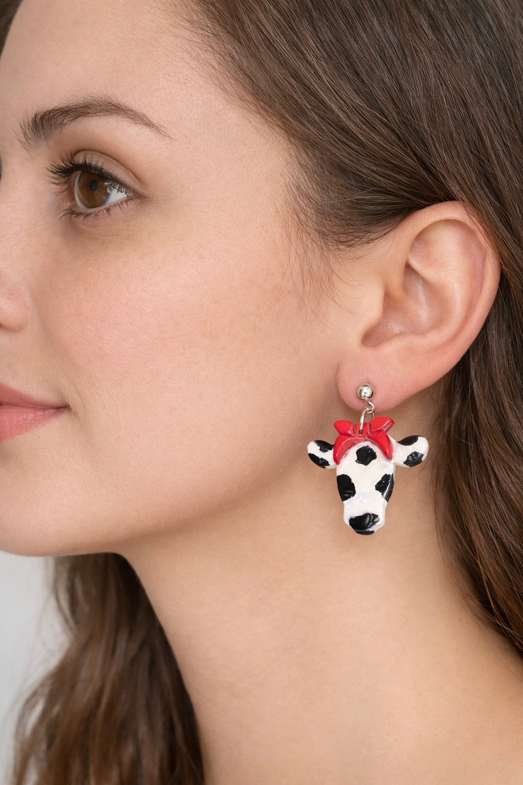 Cow Print Bow Cattle Head Earrings (Black & White + Red Bow) – Hypoallergenic