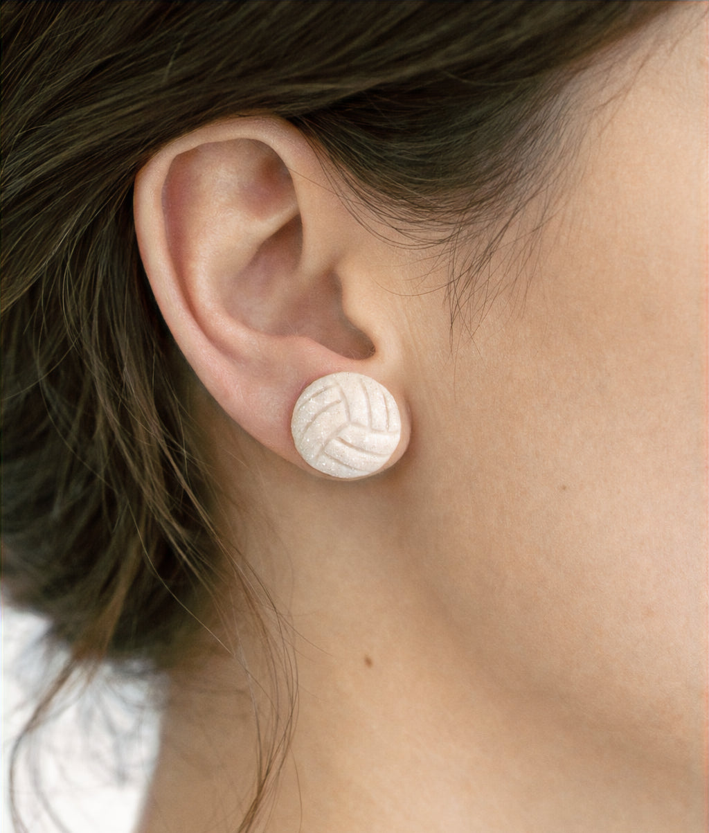 White Glitter Volleyball Stud Earrings