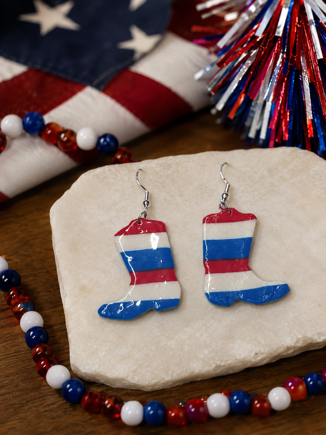 Patriotic Cowboy Boot Dangle Earrings – Lightweight, Hypoallergenic & Nickel Fre