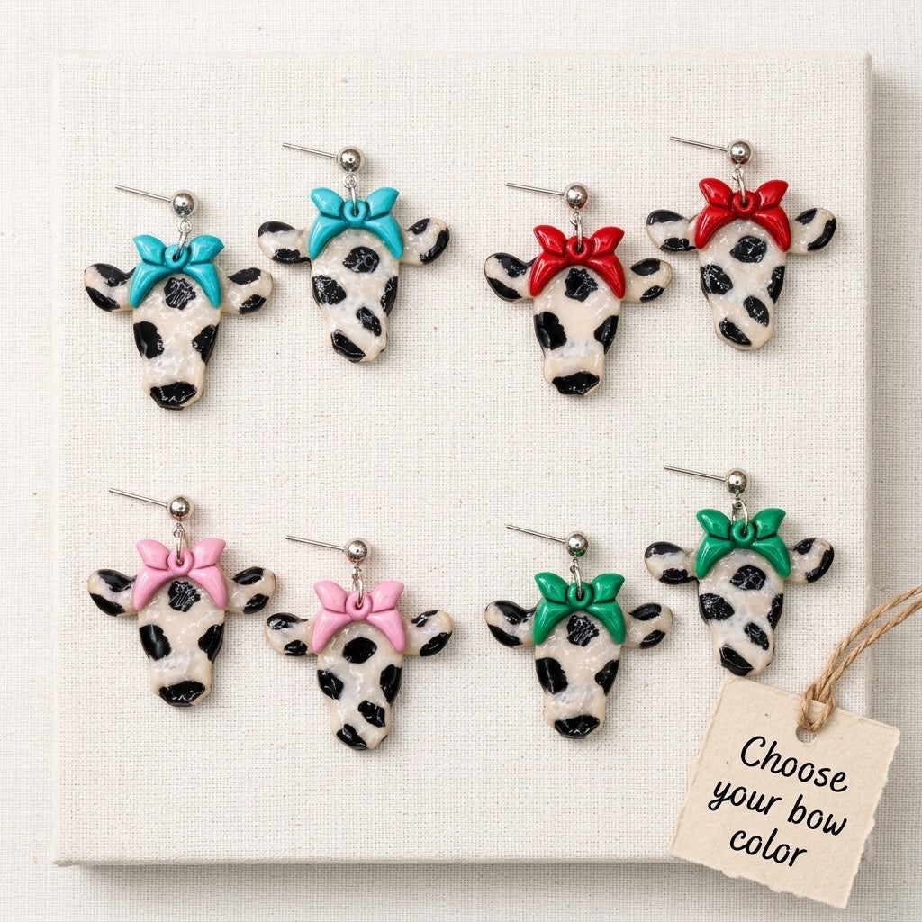 Cow Dangle Earrings with Red Bow | Farmhouse Boutique Style