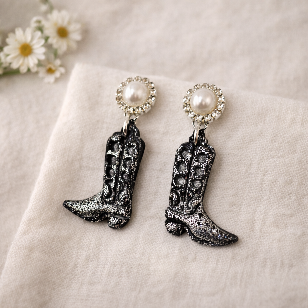 Black Glitter Cowboy Boot Earrings | Pearl & Rhinestone Western Dangles