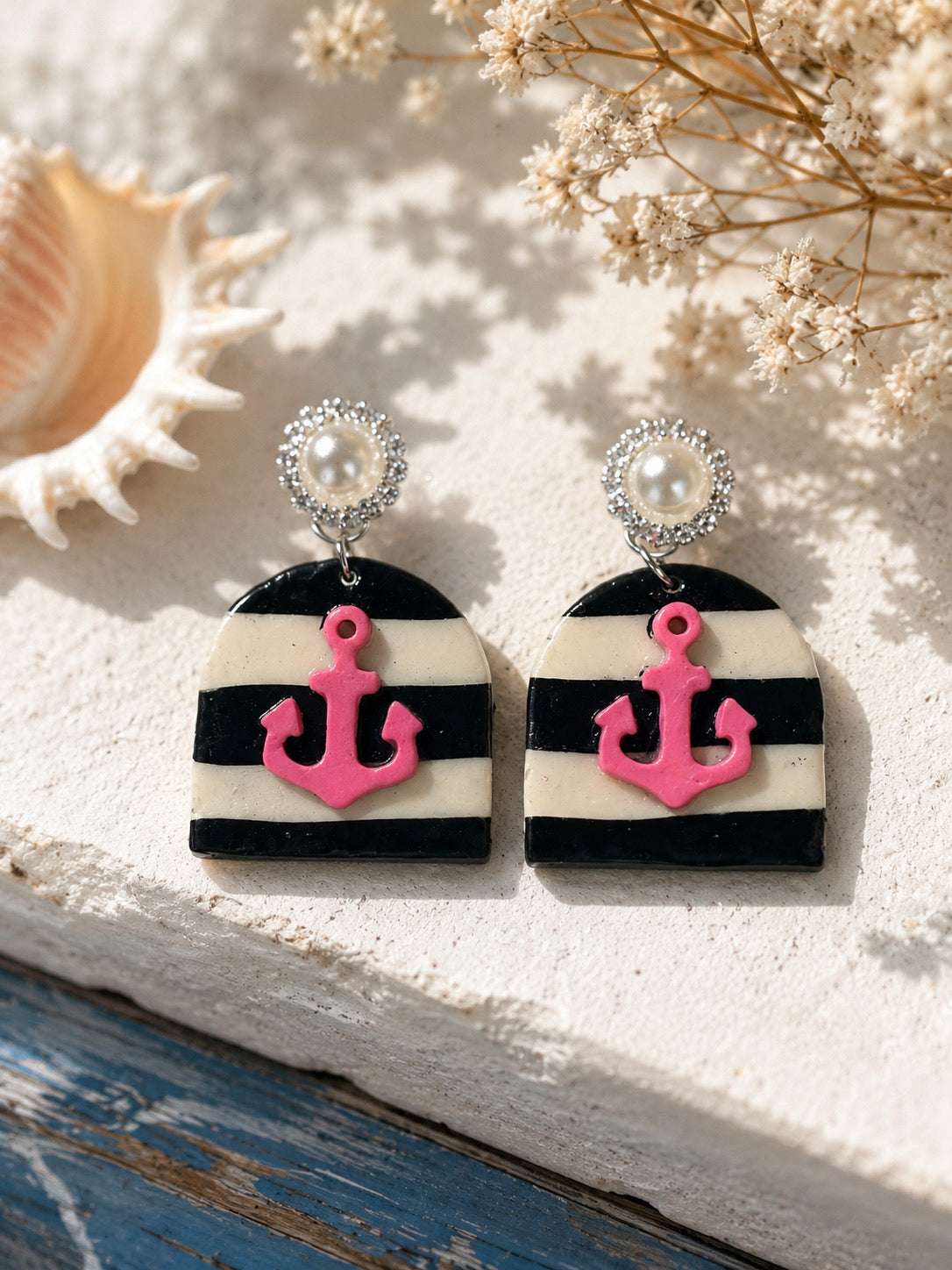 Pink Anchor Coastal Earrings – Handmade Nautical Polymer Clay Dangles