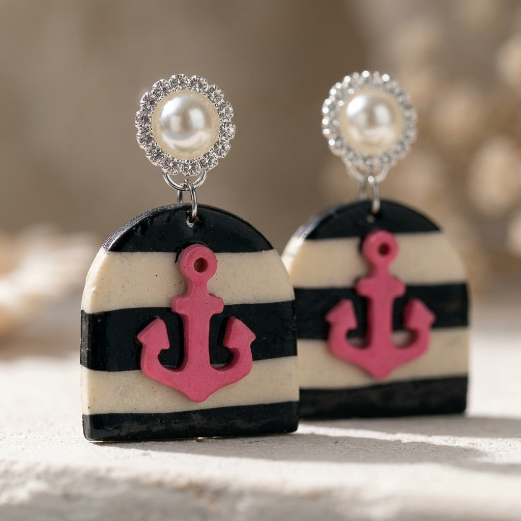 Pink Anchor Coastal Earrings – Handmade Nautical Polymer Clay Dangles