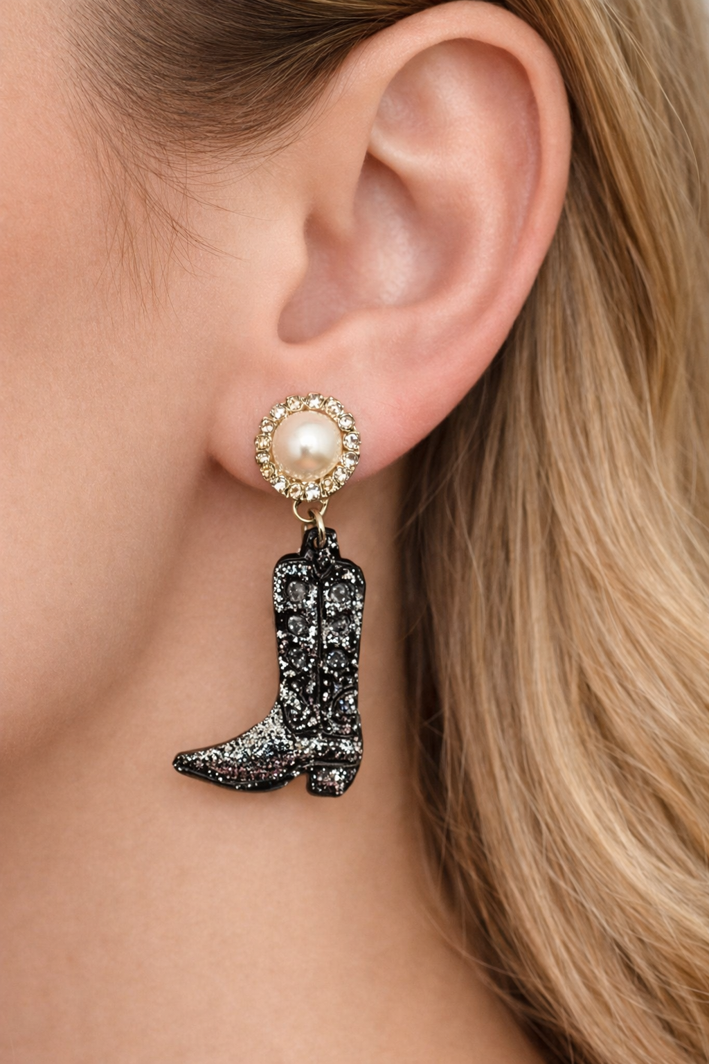 Black Glitter Cowboy Boot Earrings | Pearl & Rhinestone Western Dangles