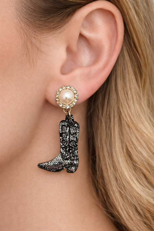 Black Glitter Cowboy Boot Earrings | Pearl & Rhinestone Western Dangles