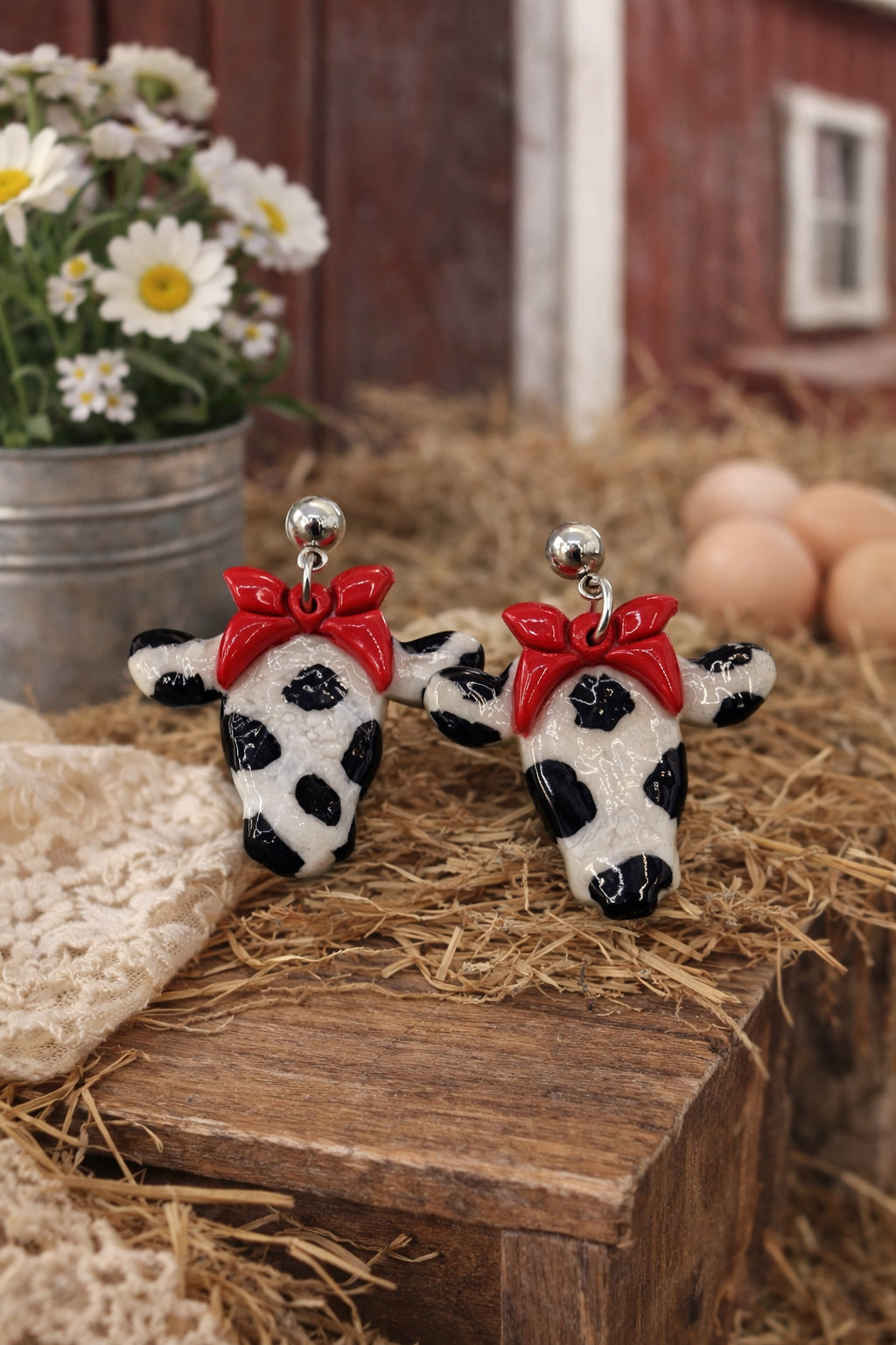 Cow Dangle Earrings with Red Bow | Farmhouse Boutique Style