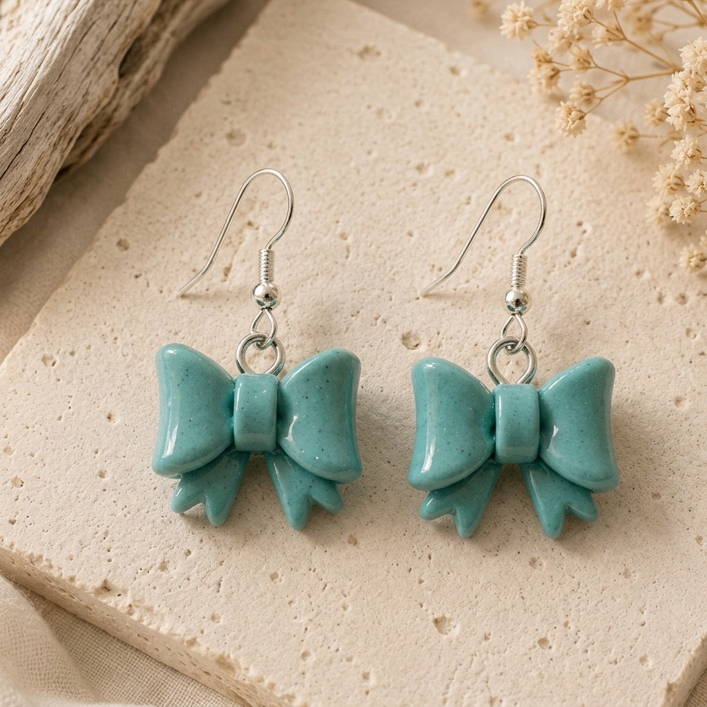 Sea Glass Bow Earrings – Handmade Coastal Polymer Clay Dangles