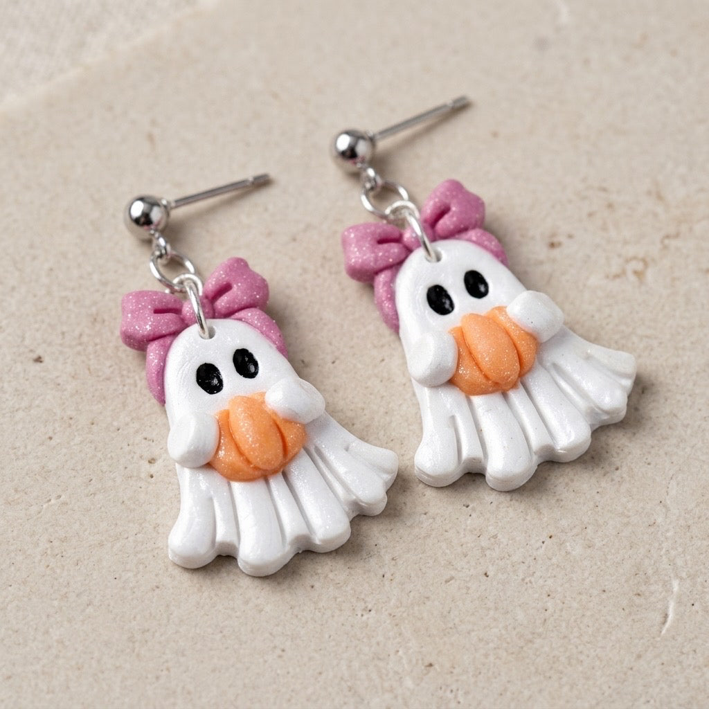 Pink Bow Ghost Dangle Earrings