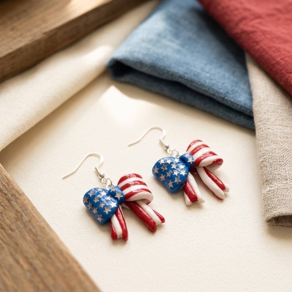 Stars & Stripes Bow Dangle Earrings – Handmade Patriotic Polymer Clay Earrings