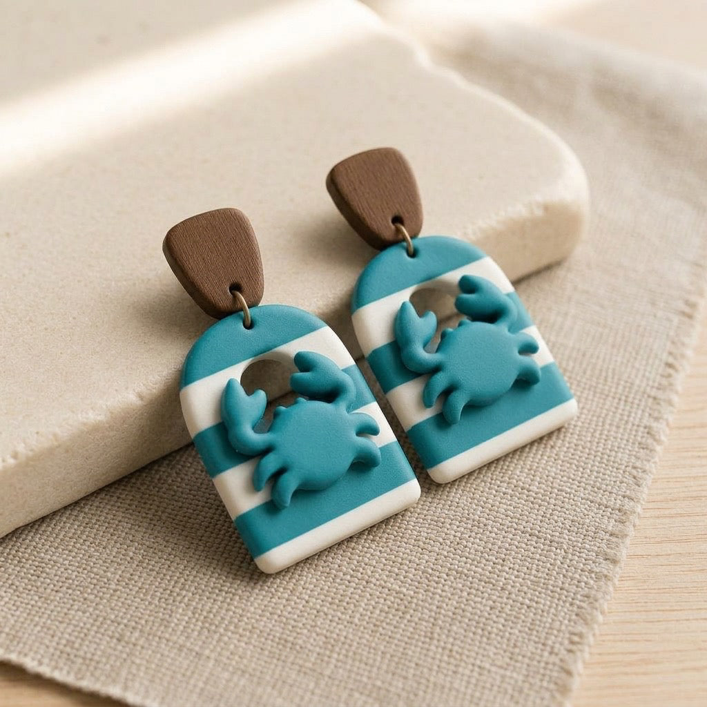 Seafoam Crab Coastal Dangles – Handmade Matte Polymer Clay Earrings