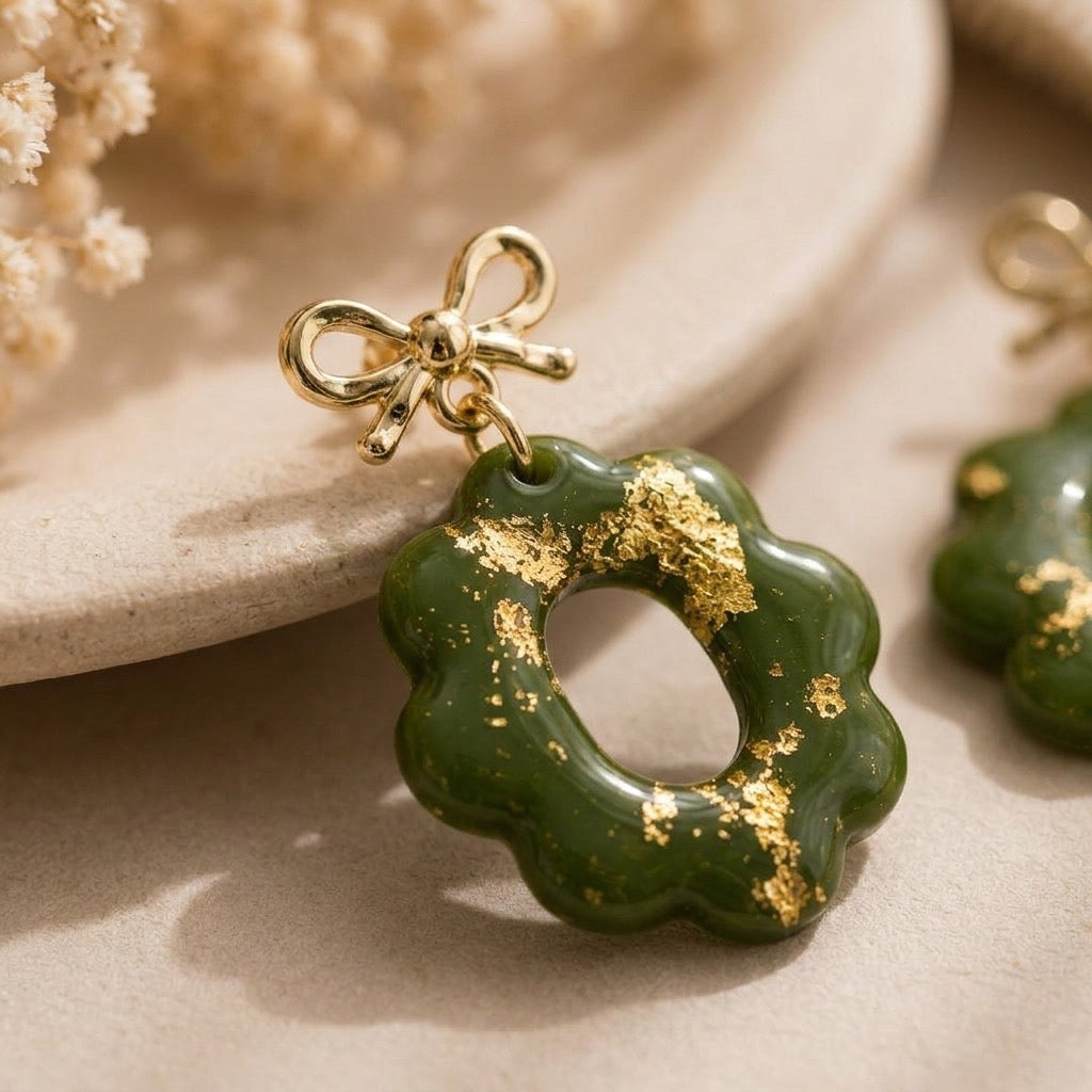 Green & Gold Foil Bow Dangle Earrings