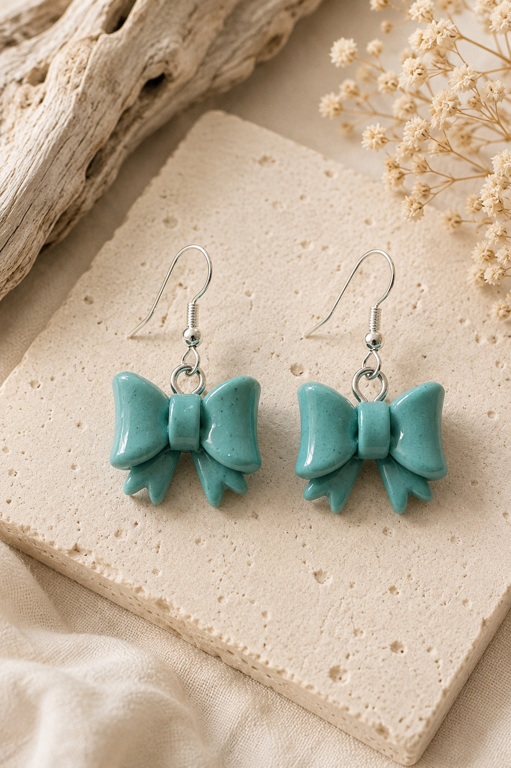 Sea Glass Bow Earrings – Handmade Coastal Polymer Clay Dangles