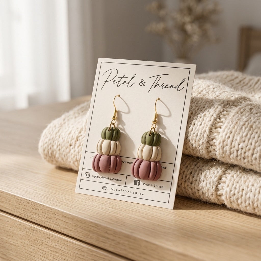 Autumn Pumpkin Stack Dangle Earrings | Olive, Ivory & Mauve