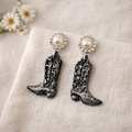 Black Glitter Cowboy Boot Earrings | Pearl & Rhinestone Western Dangles