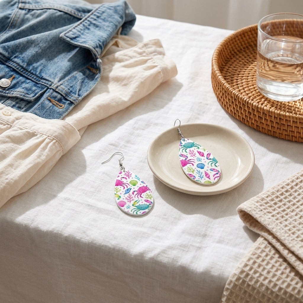 Pastel Coastal Crab Earrings – Handmade Beach-Inspired Teardrop Dangles