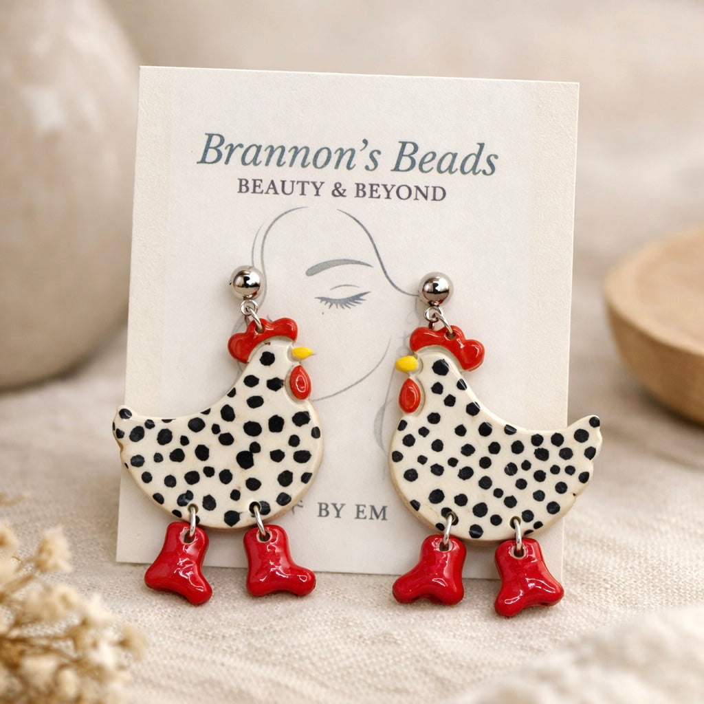 Spotted Chicken & Red Boots Dangle Earrings | Lightweight Hypoallergenic