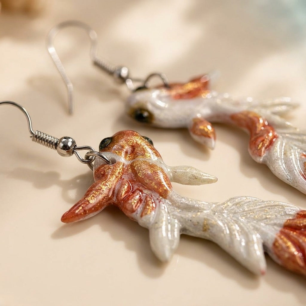 Golden Tide Koi Dangles – Handmade Coastal Statement Earrings