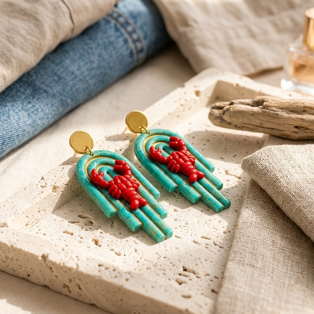 Coastal Lobster Arch Dangle Earrings – Handmade Polymer Clay Statement Earrings