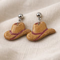 Brown Cowgirl Hat Dangle Earrings with Pink Lining