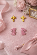 Pink Bunny & Gold Cross Stud Earring Set | Easter Polymer Clay Earrings
