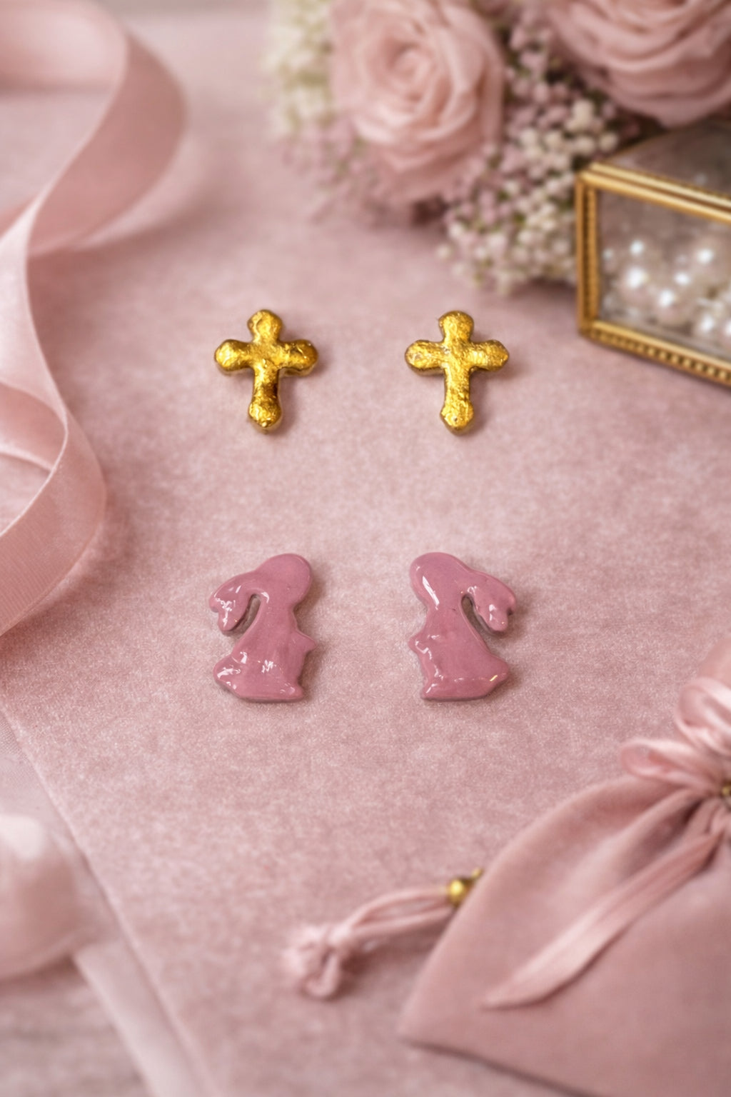 Pink Bunny & Gold Cross Stud Earring Set | Easter Polymer Clay Earrings