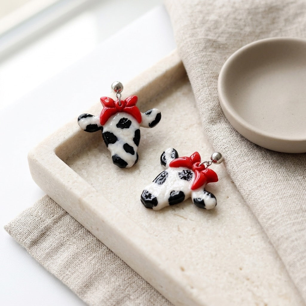 Cow Dangle Earrings with Red Bow | Farmhouse Boutique Style