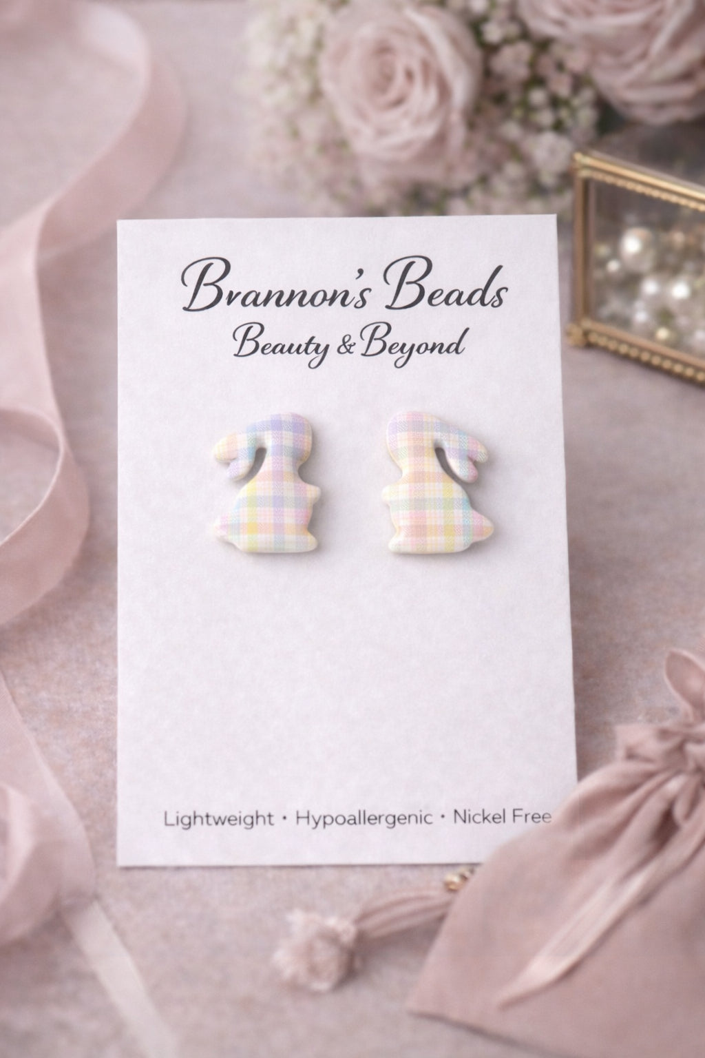 Pastel Plaid Bunny Stud Earrings | Easter Bunny Earrings | Nickel Free Studs