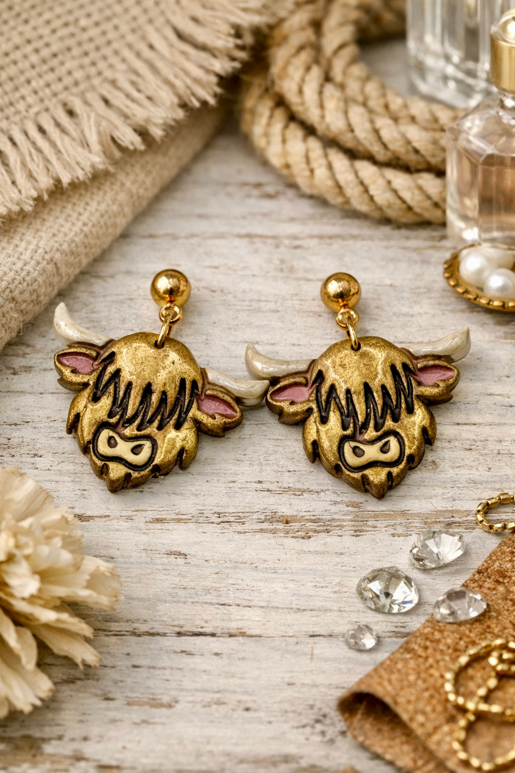 Highland Cow Dangle Earrings – Western Glam Gold & Pink | Hypoallergenic