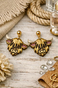 Highland Cow Dangle Earrings – Western Glam Gold & Pink | Hypoallergenic