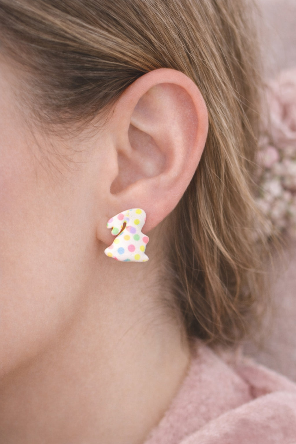 Pastel Polka Dot Bunny Stud Earrings | Easter Polymer Clay Bunny Studs