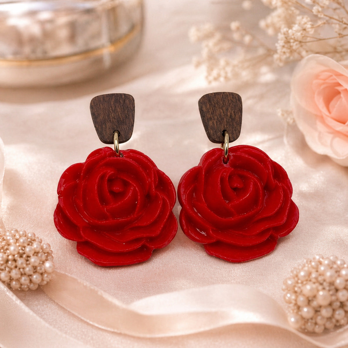 Red Rose Statement Dangle Earrings