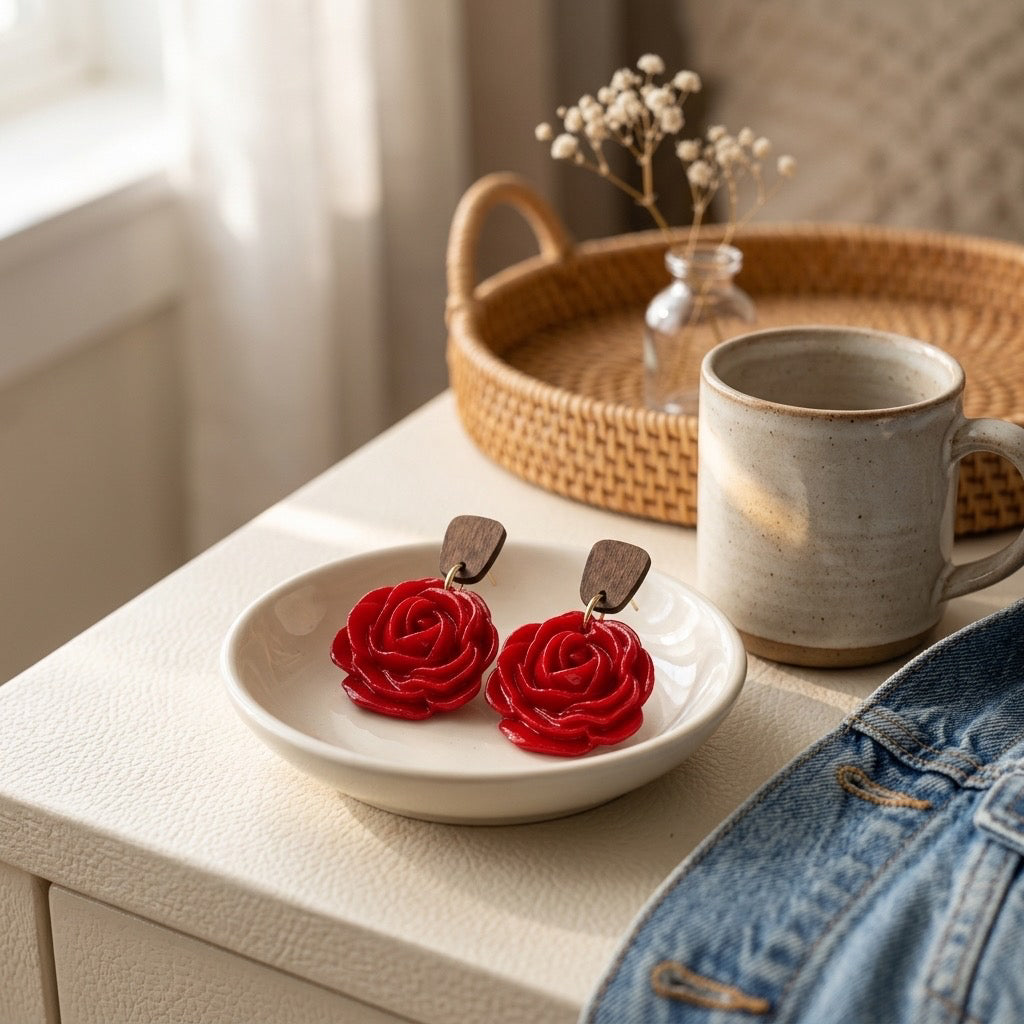 Red Rose Statement Dangle Earrings