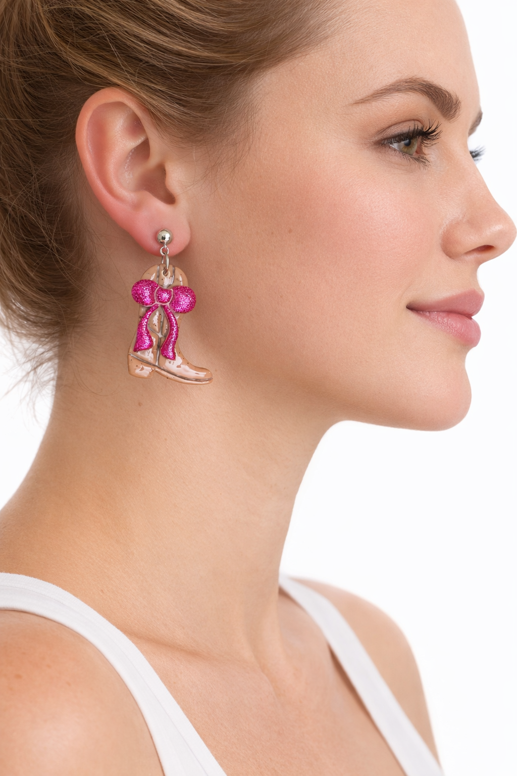 Pink Glitter Bow Cowgirl Boots Dangle Earrings