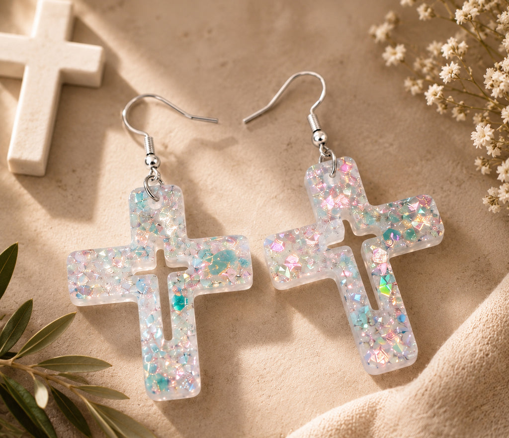 Opal Shimmer Cross Dangle Earrings