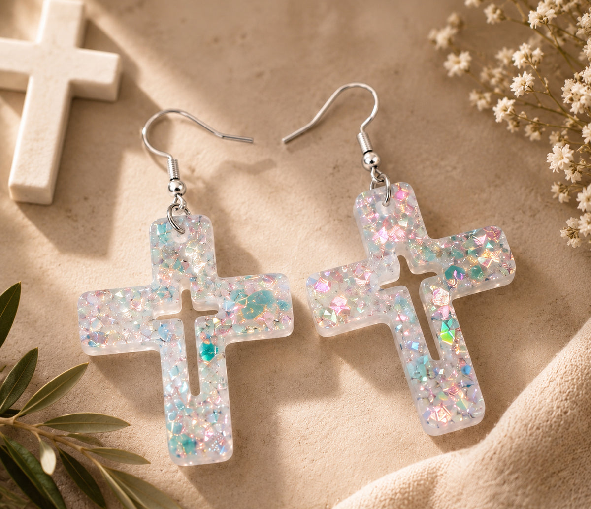 Opal Shimmer Cross Dangle Earrings