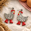 Spotted Chicken & Red Boots Dangle Earrings | Lightweight Hypoallergenic