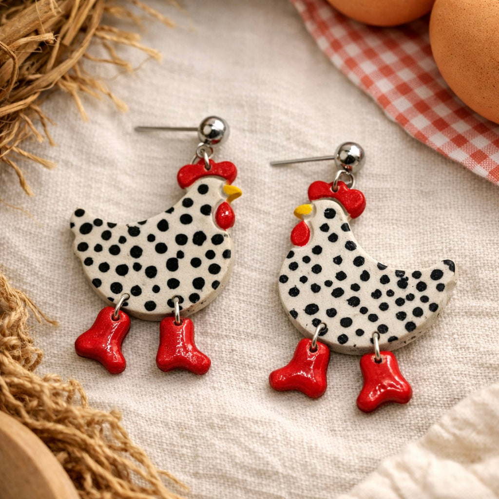 Spotted Chicken & Red Boots Dangle Earrings | Lightweight Hypoallergenic