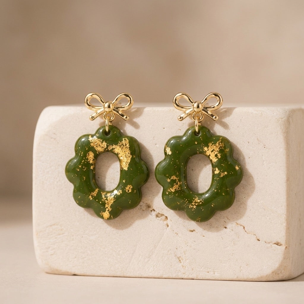 Green & Gold Foil Bow Dangle Earrings